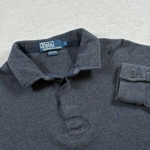 Polo Ralph Lauren Mens Long Sleeve Herringbone Polo Shirt Navy Blue Cotton L